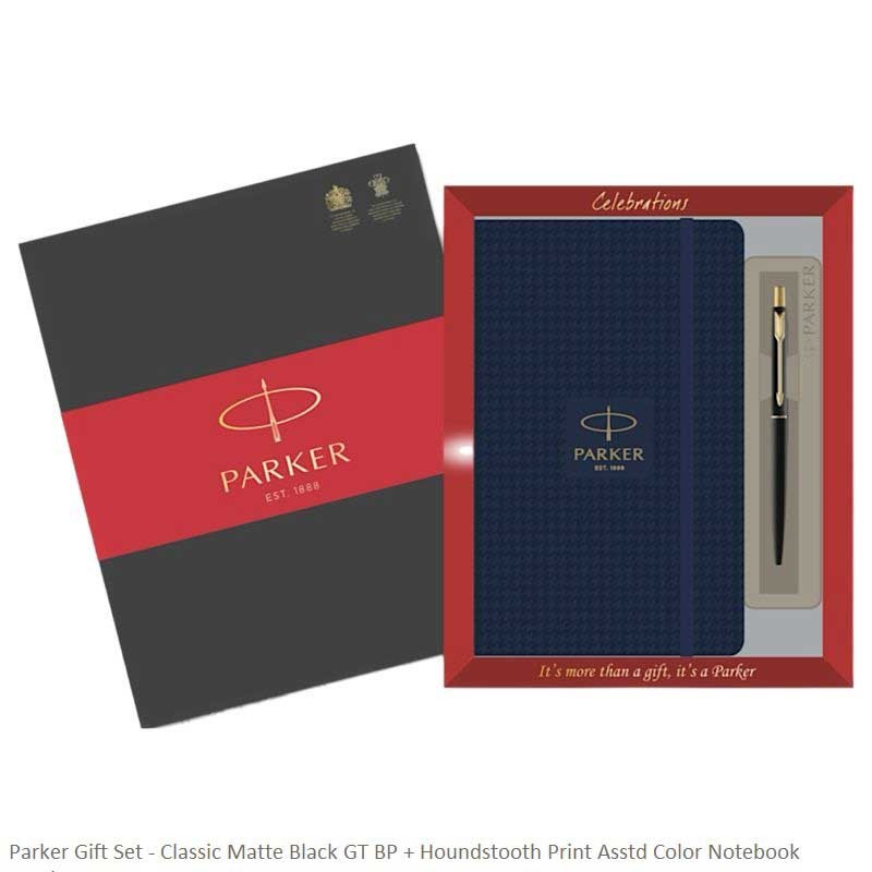 Parker Gift Set Classic Matte Black GT Ballpoint Pen with Houndstooth Print Notebook