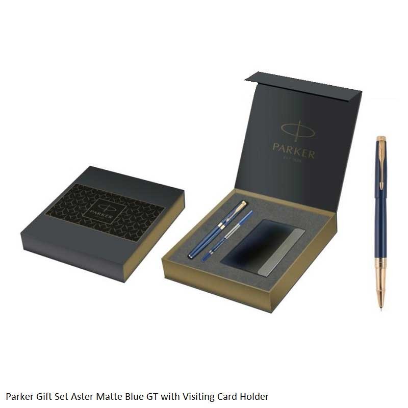 Parker Gift Set Aster Matte Blue GT Rollerball Pen with Visiting Card Holder