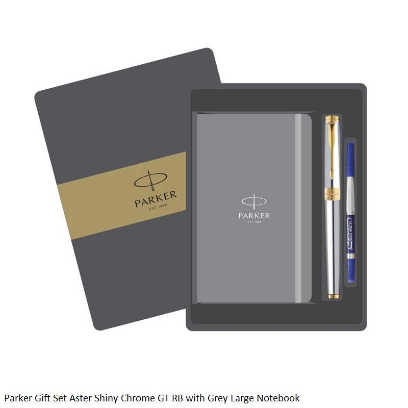 Parker Gift Set Aster Shiny Chrome GT Rollerball with Large Notebook