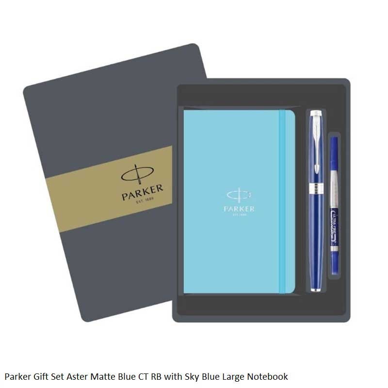 Parker Gift Set Aster Matte Blue Chrome Trim Rollerball Pen with Sky Blue Large Notebook