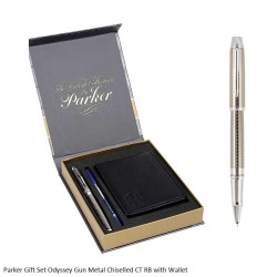 Parker Gift Set Odyssey Gun Metal Chiselled Chrome Trim Rollerball Pen with Wallet