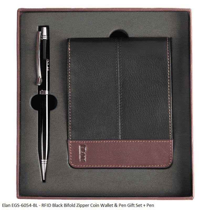 Elan EGS-6054-BL - RFID Black Bifold Zipper Coin Wallet & Pen Gift Set + Pen