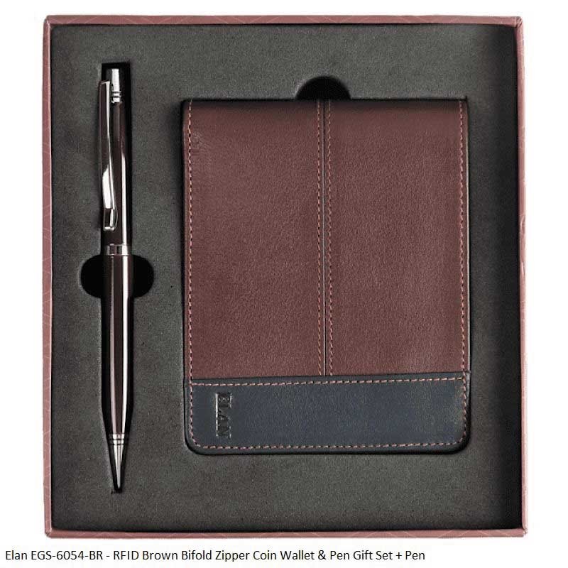 Elan EGS-6054-BR - RFID Brown Bifold Zipper Coin Wallet & Pen Gift Set + Pen