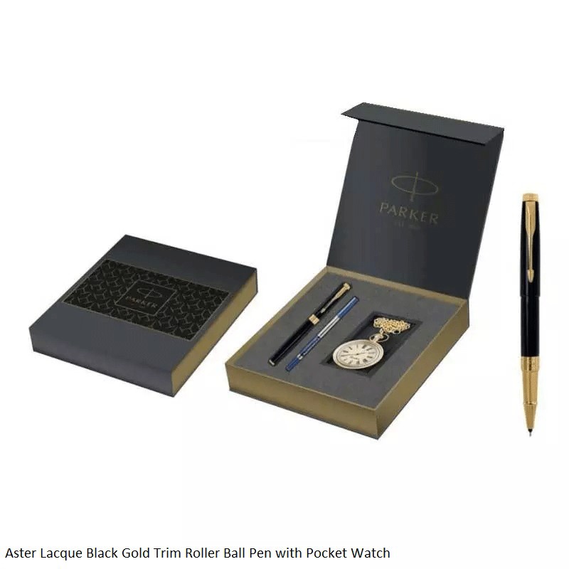 Parker Gift Set Aster Laque Black GT Rollerball Pen with Pocket Watch