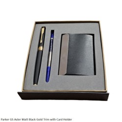 Parker Gift Set Aster Matte Black Gold Trim Rollerball Pen with Visiting Card Holder