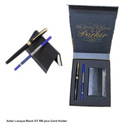 Parker Gift Set Aster Lacque Black GT Roller Ball Pen with Card Holder