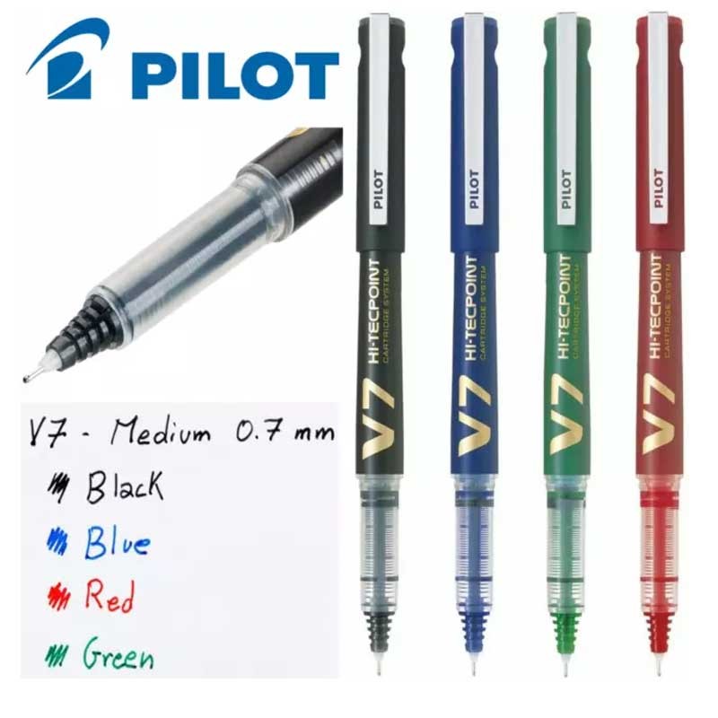 Pilot Hi-Tecpoint V7 Refillable - Liquid Ink Rollerball Pen - Begreen - Medium Tip Black, Blue, Green, Red 1pc each colour Pilot Hi-Tecpoint V7 Refillable - Liquid Ink Rollerball Pen - Begreen - Medium Tip Black, Blue, Green, Red 1pc each colour