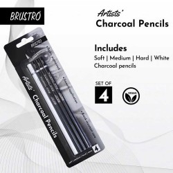 Brustro Artists Charcoal Pencil Set of 4 - 3 Black Shade - Soft, Medium, Hard and 1 White - Medium