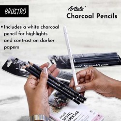 Brustro Artists Charcoal Pencil Set of 4 - 3 Black Shade - Soft, Medium, Hard and 1 White - Medium