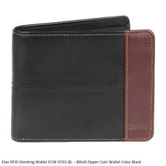 Elan RFID Blocking Wallet ECW-9701 Bifold Zipper Coin Wallet Black