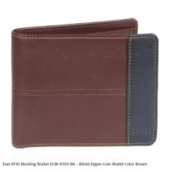 Elan RFID Blocking Wallet ECW-9701 Bifold Zipper Coin Wallet Brown