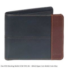 Elan RFID Blocking Wallet ECW-9701 Bifold Zipper Coin Wallet Blue