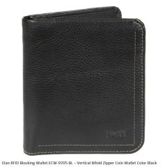 Elan RFID Blocking Wallet ECW-9705 Vertical Bifold Zipper Coin Wallet Black