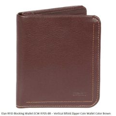 Elan RFID Blocking Wallet ECW-9705 Vertical Bifold Zipper Coin Wallet Brown