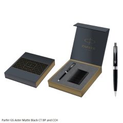 Parker Gift Set Aster Matte Black Chrome Trim Ballpoint Pen with Credit Card Holder