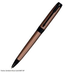 Parker Ambient ballpoint pen with rose gold finish metal barrel and black metal trim
