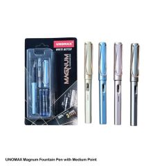 Unomax Magnum Fountain Pen in Assorted Metalic Colours, Blue Ink with Medium Point