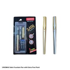 Unomax Satin Gold Fountain Pen in Gold and Silver Metalic Colours with Gold Clip, Blue Ink with Extra Fine Point