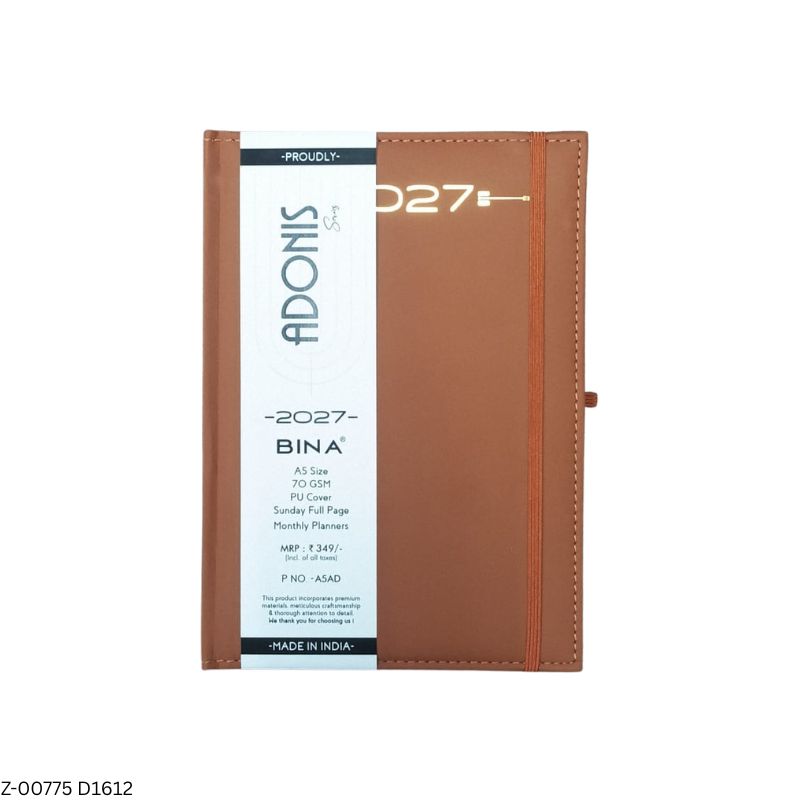 2027 – D1612 A5 Adonis 365 Days Leatherette Diary | Month-Cut Planner | Sunday Separate | Elastic Closure
