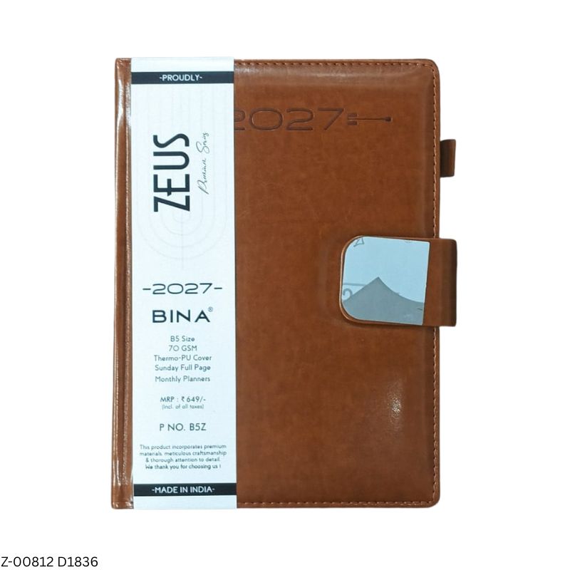 2027 – D1836 B5 Zeus 365 Days Leatherette Diary | Month-Cut Planner | Sunday Separate | Magnetic Lock