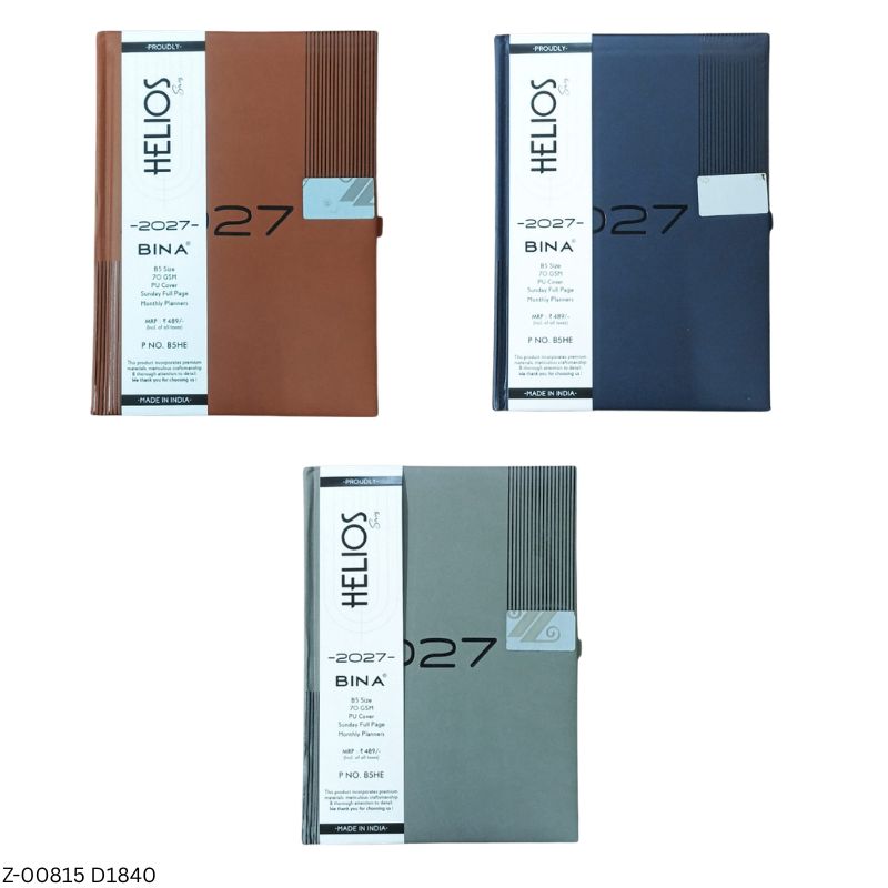 2027 – D1840 B5 Helios 365 Days Leatherette Diary | Month-Cut Planner | Sunday Separate | Assorted Colours