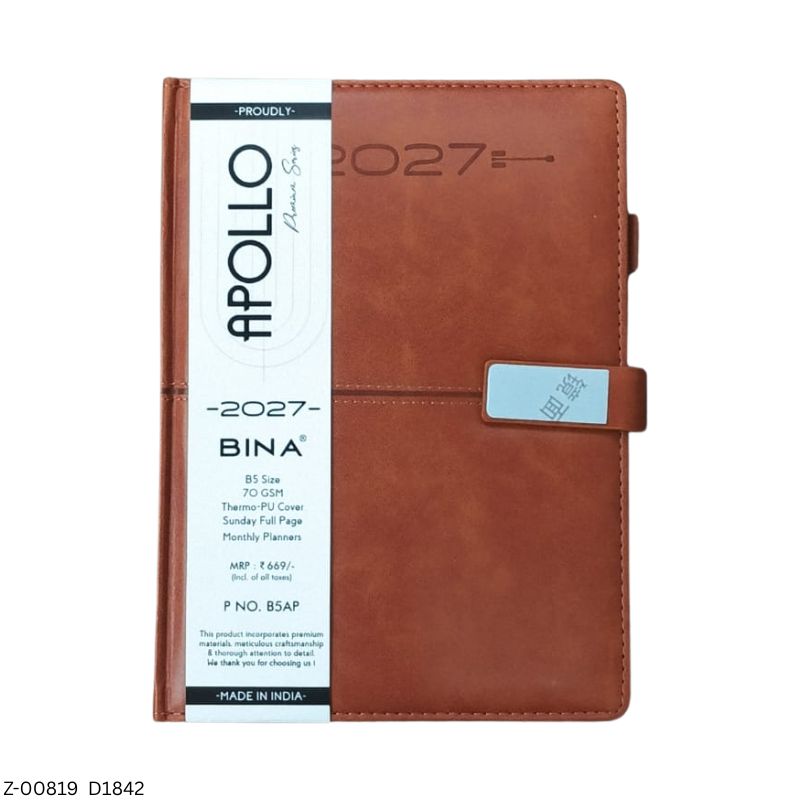 2027 – D1842 B5 Apollo 365 Days Leatherette Diary | Month-Cut Planner | Sunday Separate | Magnetic Lock