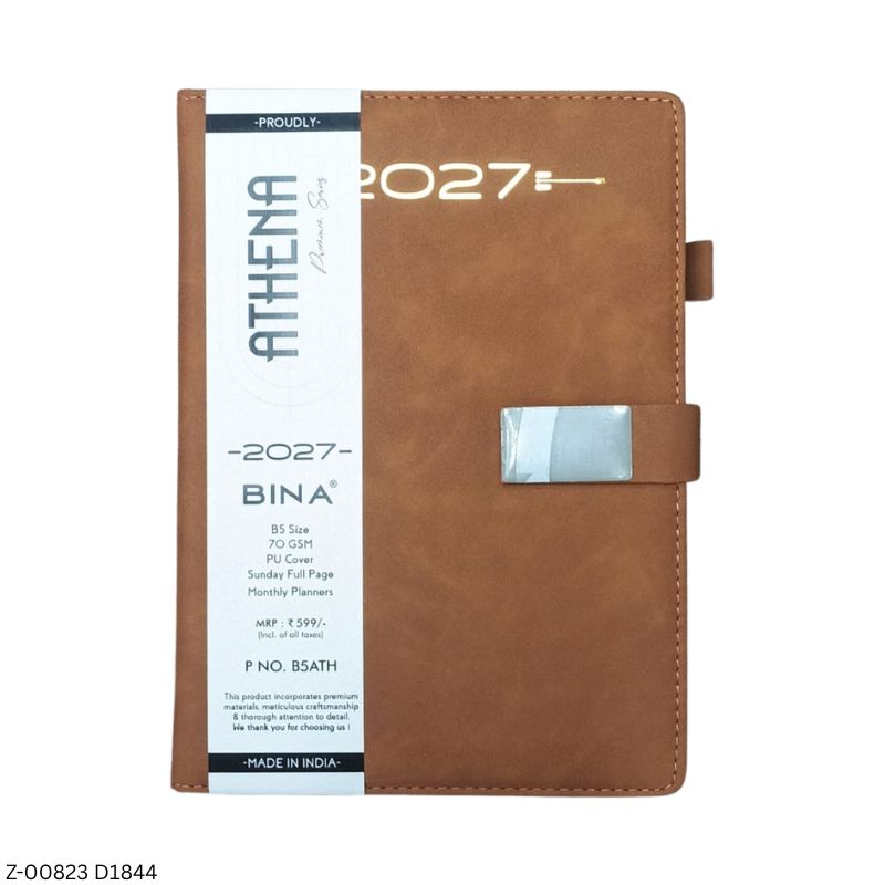 2027 – D1844 B5 Athena 365 Days Leatherette Diary | Month-Cut Planner | Sunday Separate | Magnetic Lock