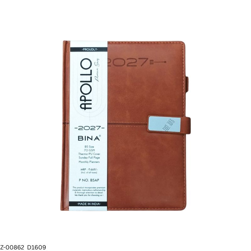 2027 – D1609 A5 Apollo 365 Days Leatherette Diary | Month-Cut Planner | Sunday Separate | Magnetic Lock