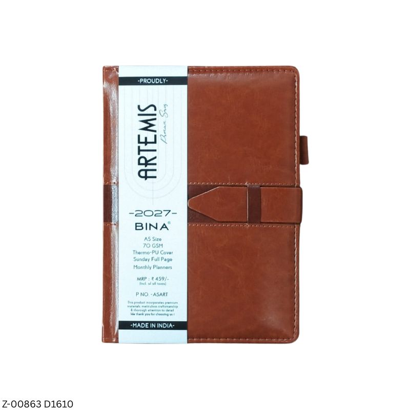 2027 – D1610 A5 Artemis 365 Days Leatherette Diary | Month-Cut Planner | Sunday Separate | Loop Closure