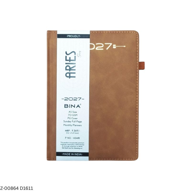 2027 – D1611 A5 Aries 365 Days Leatherette Diary | Month-Cut Planner | Sunday Separate | Elastic Closure