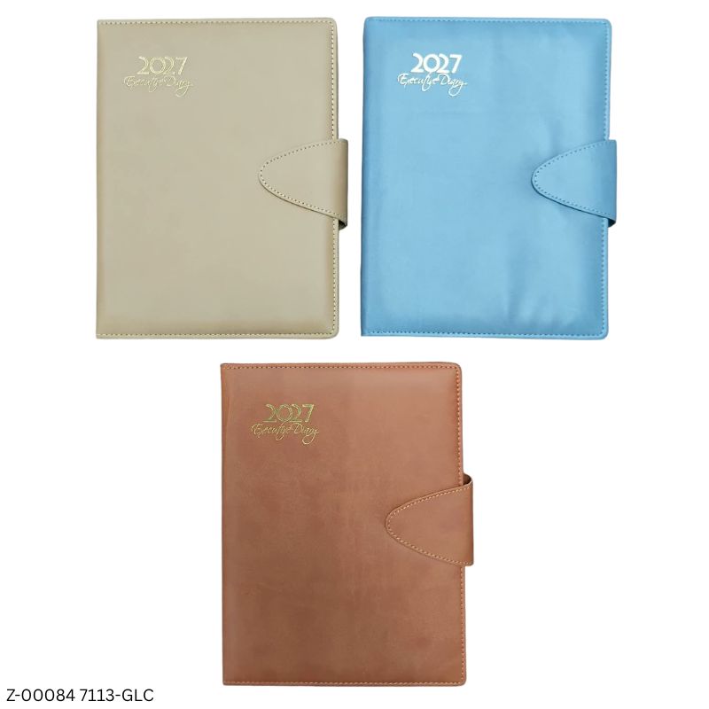 2027 – 7113-GLC 365 Days Premium PU Leather Diary | Month Cut Planner | Sunday Separate | Assorted Colors | Manet Closure | Personalized Metal Plate Option