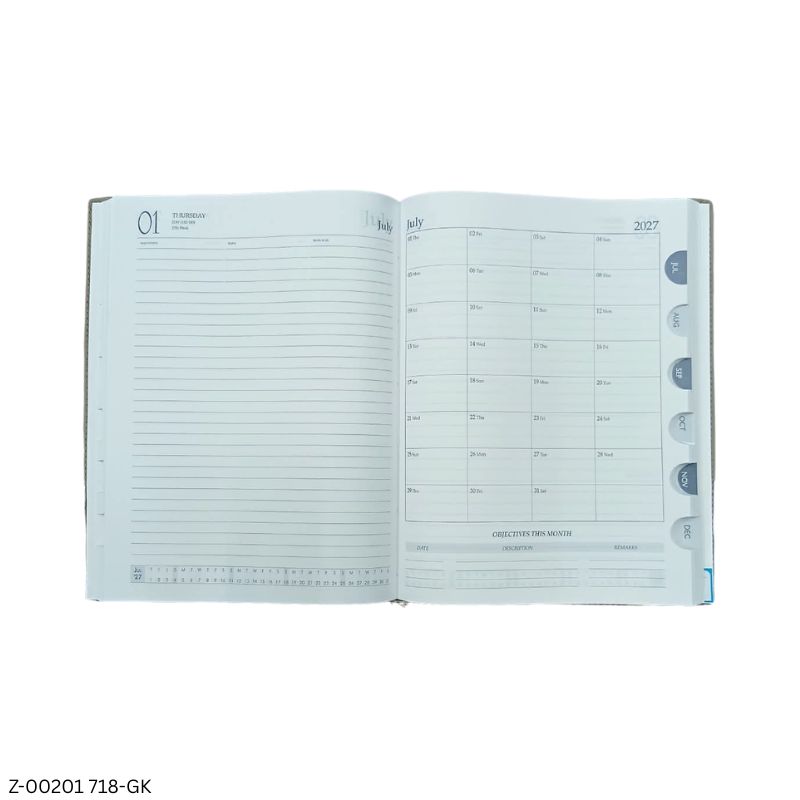 2027 – 718-GK Premium PU Leather Diary | Month Cut Planner | Saturday-Sunday Separate | Assorted Colors | Personalized Metal Plate Option