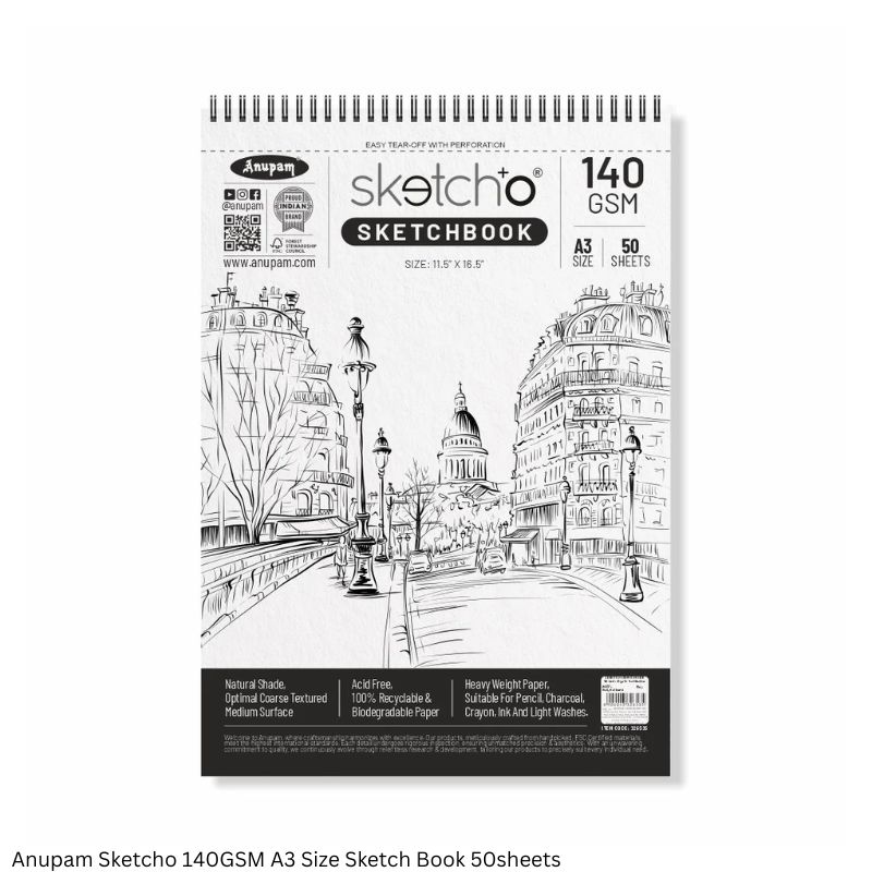 Anupam Sketcho Sketch Book 140 GSM 50 Sheets Landscape Wiro Bound - in A3, A4 and A5 Sizes