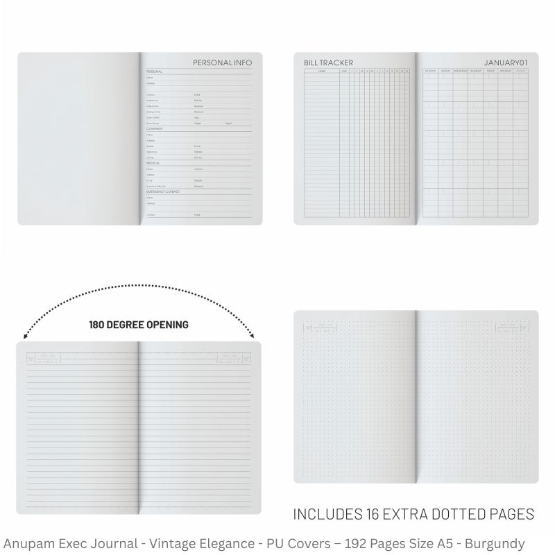 Anupam Exec Journal - Vintage Elegance with Stitched Edges, Elastic Pen Loop, and Leather Textured PU Covers – 192 Pages