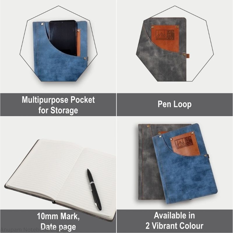 Anupam Engage Lined Notebook, A5 Size Denim PU Hardcover Journal Notebook