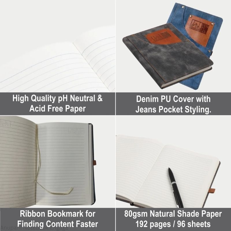 Anupam Engage Lined Notebook, A5 Size Denim PU Hardcover Journal Notebook