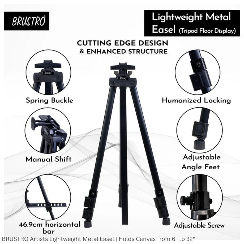 BRUSTRO Artists Lightweight Metal Easel | Holds Canvas from 6" to 32" | Portable, Multifunctional, Foldable, Ideal for Painting Display, field & tabletop with Weatherproof Carry Bag