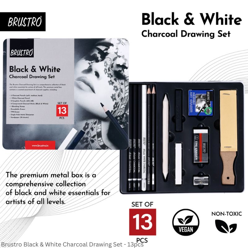 Brustro Black & White Charcoal Drawing Set – 13 Pieces in Metal Box