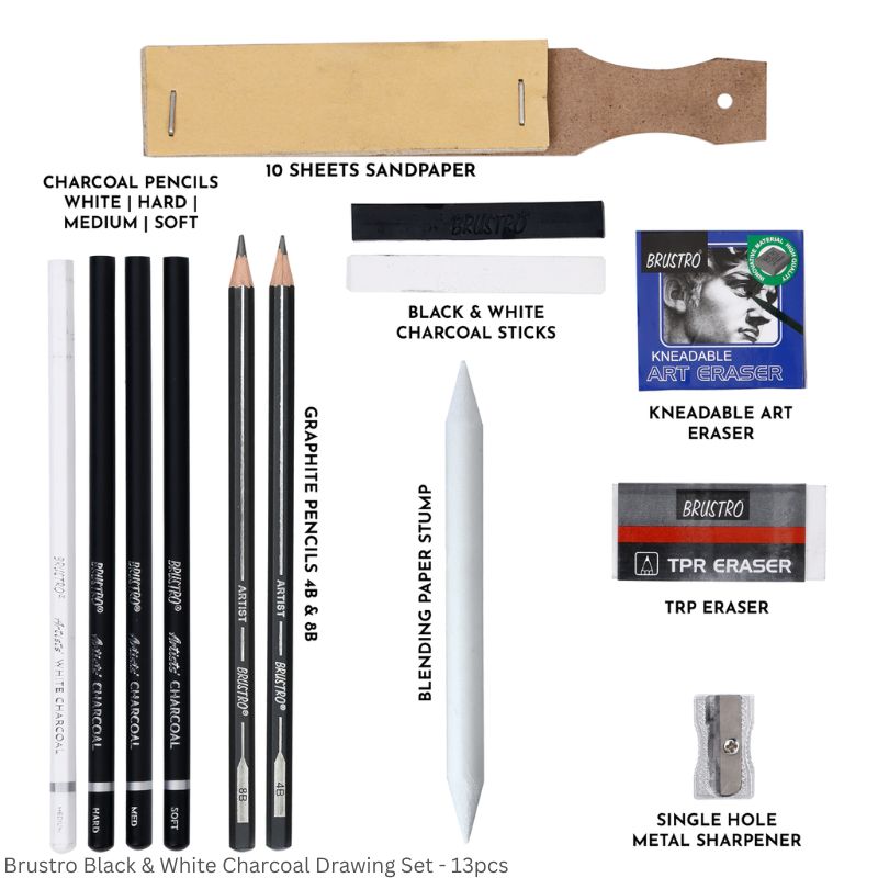 Brustro Black & White Charcoal Drawing Set – 13 Pieces in Metal Box