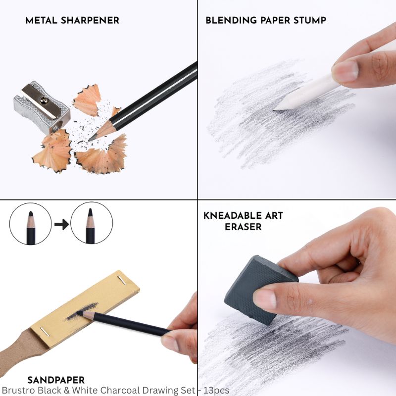 Brustro Black & White Charcoal Drawing Set – 13 Pieces in Metal Box