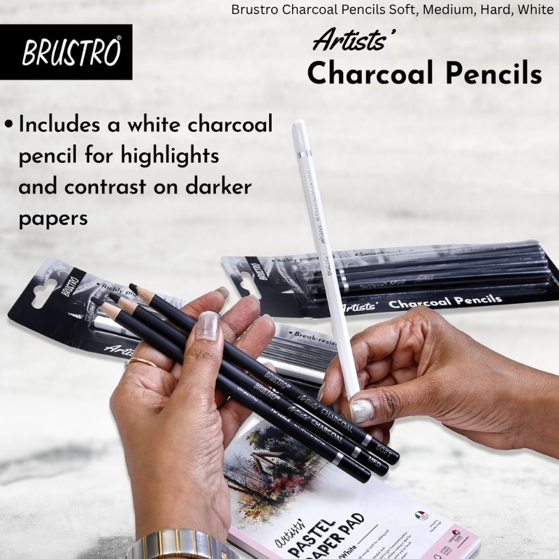 BRUSTRO Artists Charcoal Pencil Set of 4 – Soft, Medium, Hard Black & White Medium