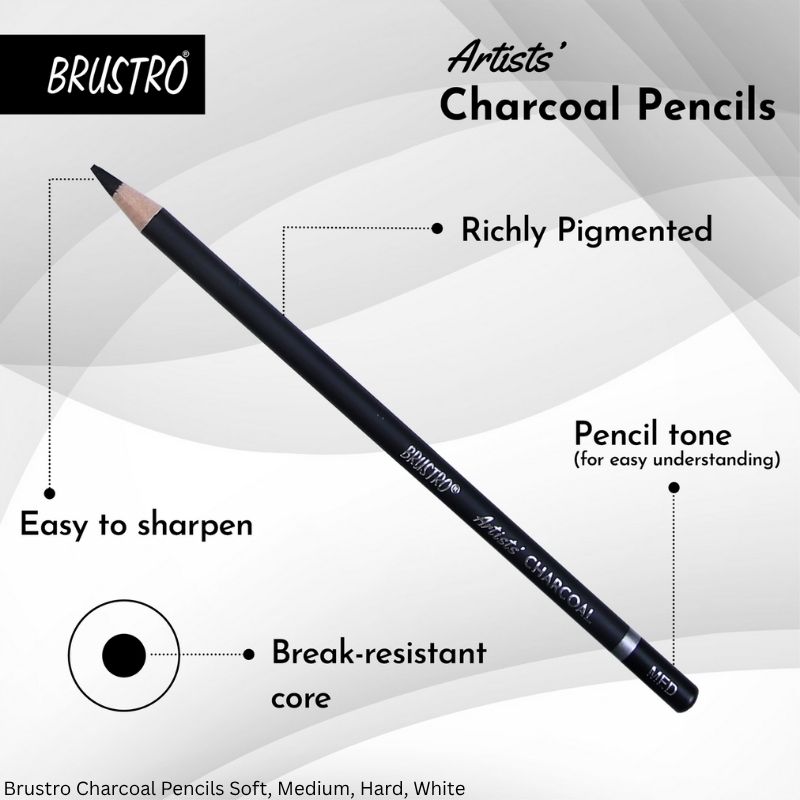 BRUSTRO Artists Charcoal Pencil Set of 4 – Soft, Medium, Hard Black & White Medium