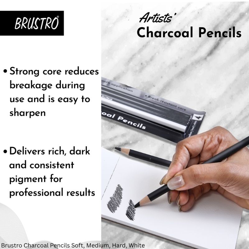 BRUSTRO Artists Charcoal Pencil Set of 4 – Soft, Medium, Hard Black & White Medium