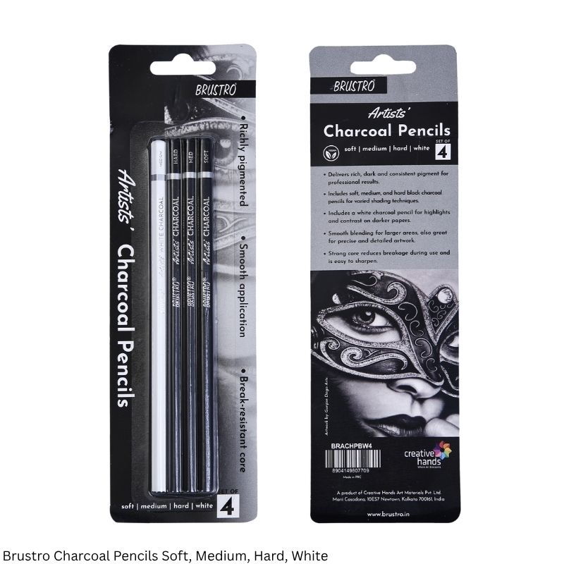 BRUSTRO Artists Charcoal Pencil Set of 4 – Soft, Medium, Hard Black & White Medium