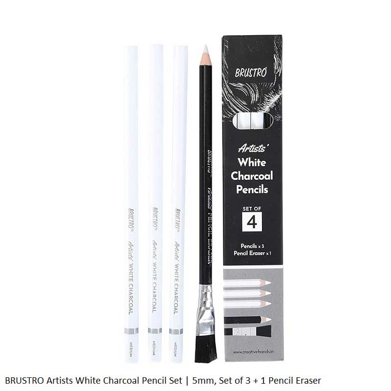 Brustro Artists White Charcoal Pencils Set of 4 - 3 White Charcoal Pencils + 1 Pencil Eraser with Brush