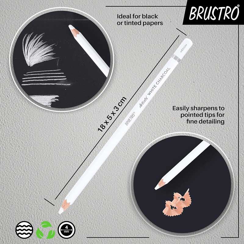 Brustro Artists White Charcoal Pencils Set of 4 - 3 White Charcoal Pencils + 1 Pencil Eraser with Brush