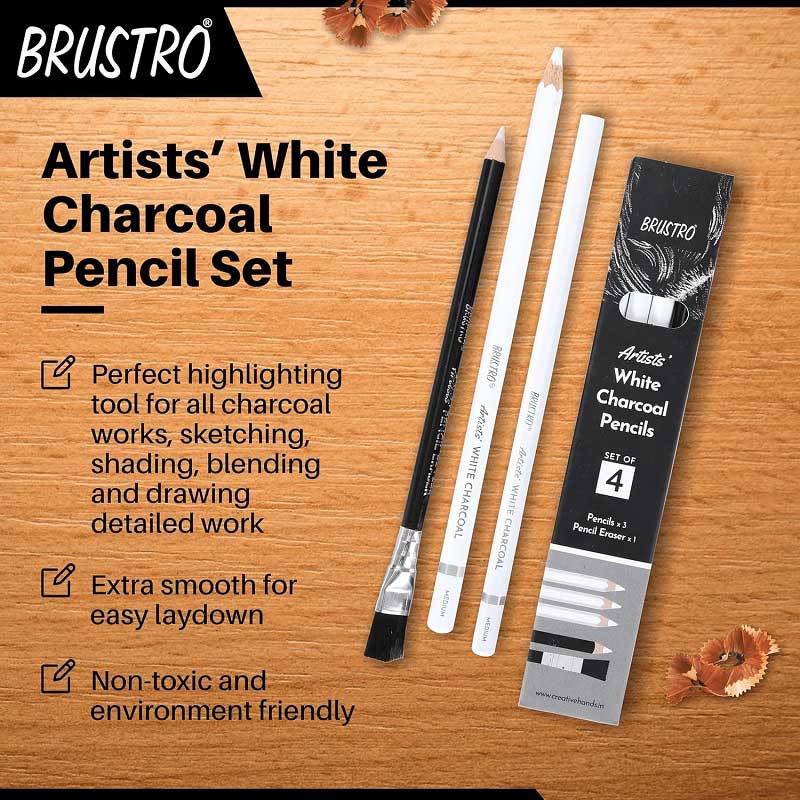 Brustro Artists White Charcoal Pencils Set of 4 - 3 White Charcoal Pencils + 1 Pencil Eraser with Brush