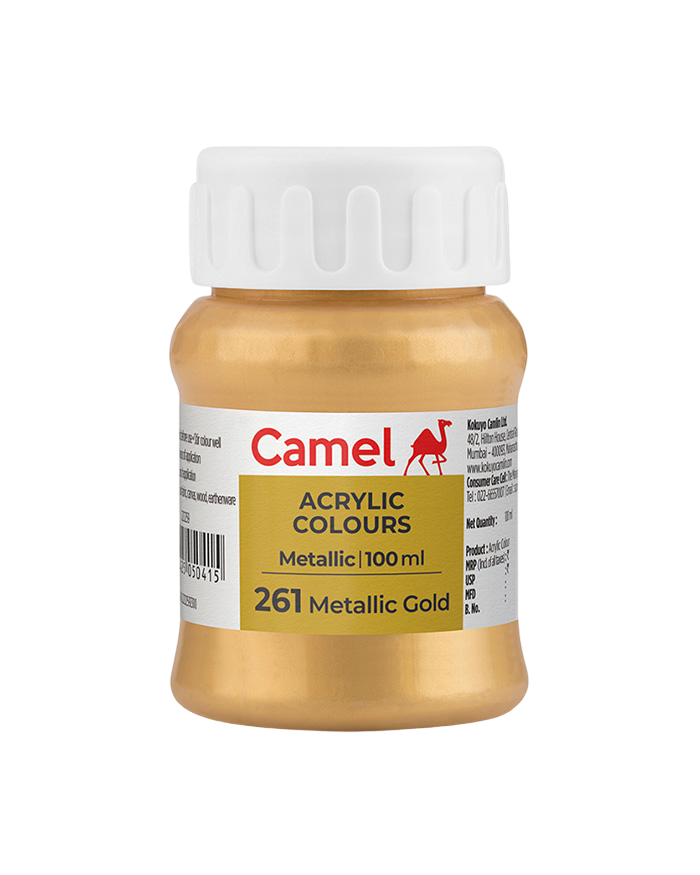 Camel Acrylic Colours Metallic individual bottles. Available in 10ml and 100ml