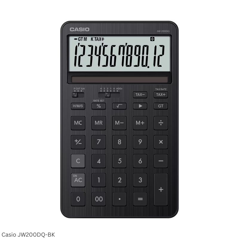 Casio JW-200DQ-BK (Iron Black) - 12 Digit, Stylish, Time Calculations, Compact Desktop Calculator