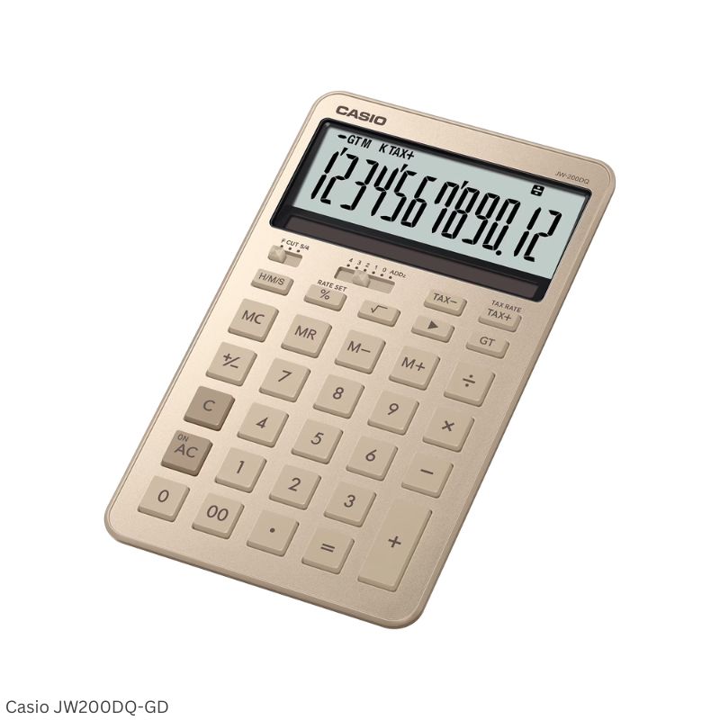Casio JW-200DQ-GD (Shiny Gold) - 12 Digit, Stylish, Time Calculations, Compact Desktop Calculator